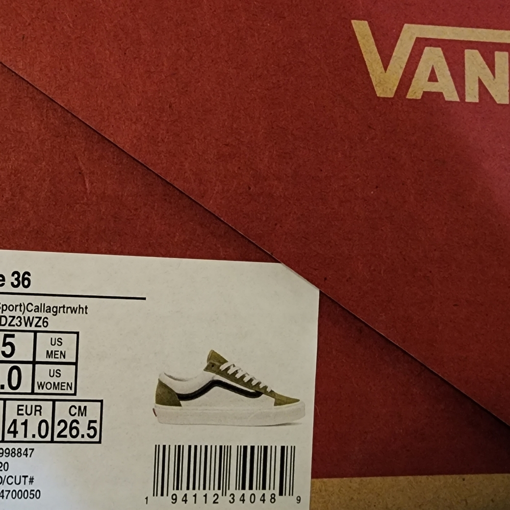 Olive green suede, white and black Vans
